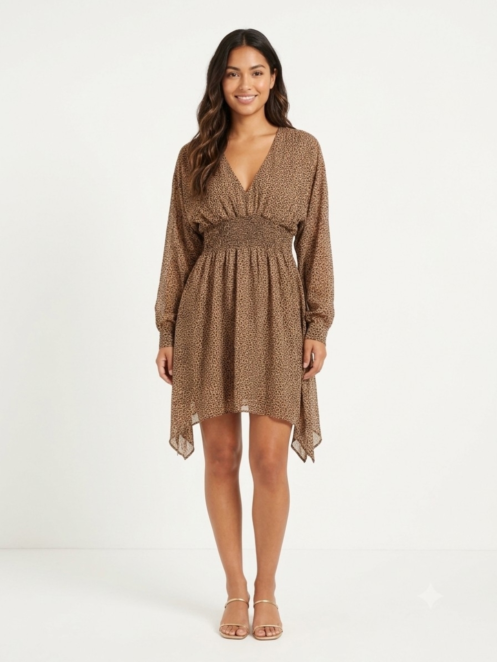 Fate Brown Micro Animal Print V-Neck Long Sleeve Dress